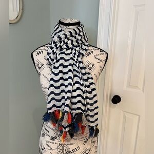 Michael Stars Blue & White Striped Scarf w/ Colorful Fringe | Like New